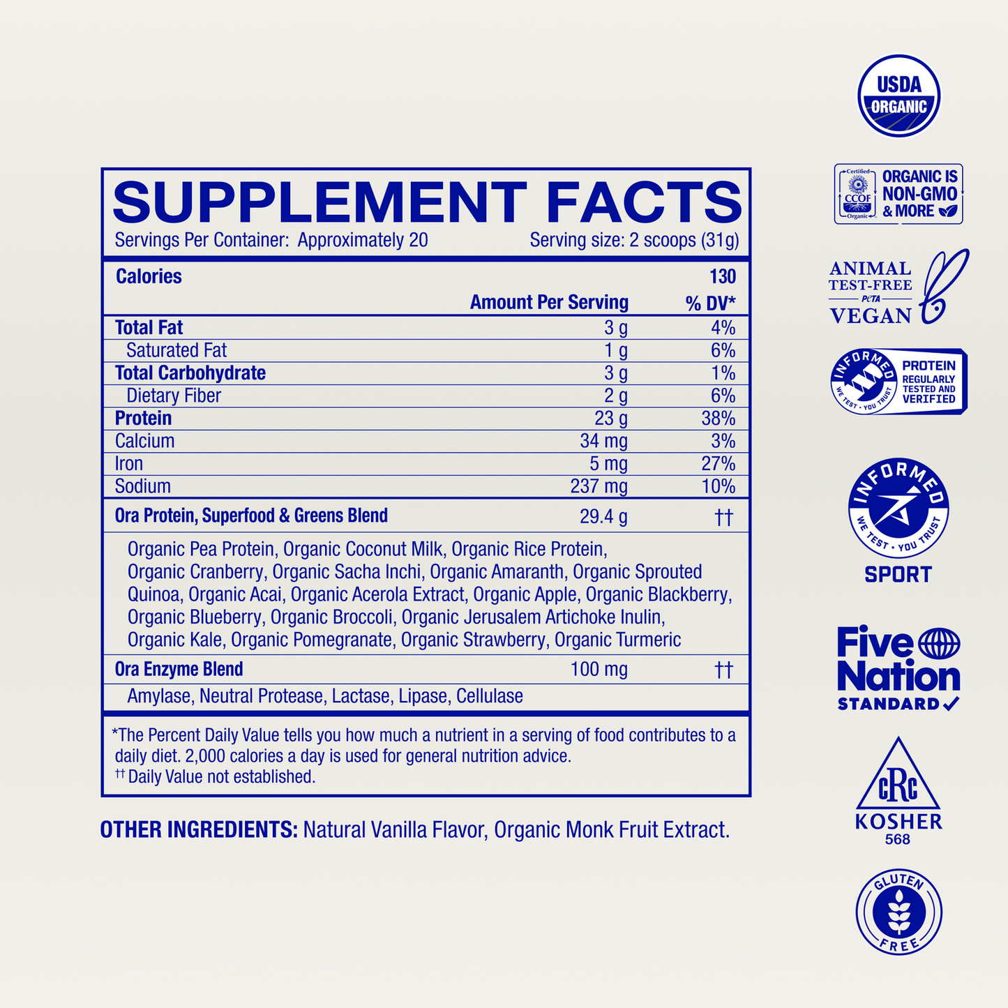 Ora So Lean & So Clean Organic Vegan Plant-Based Protein Powder 20 Servings